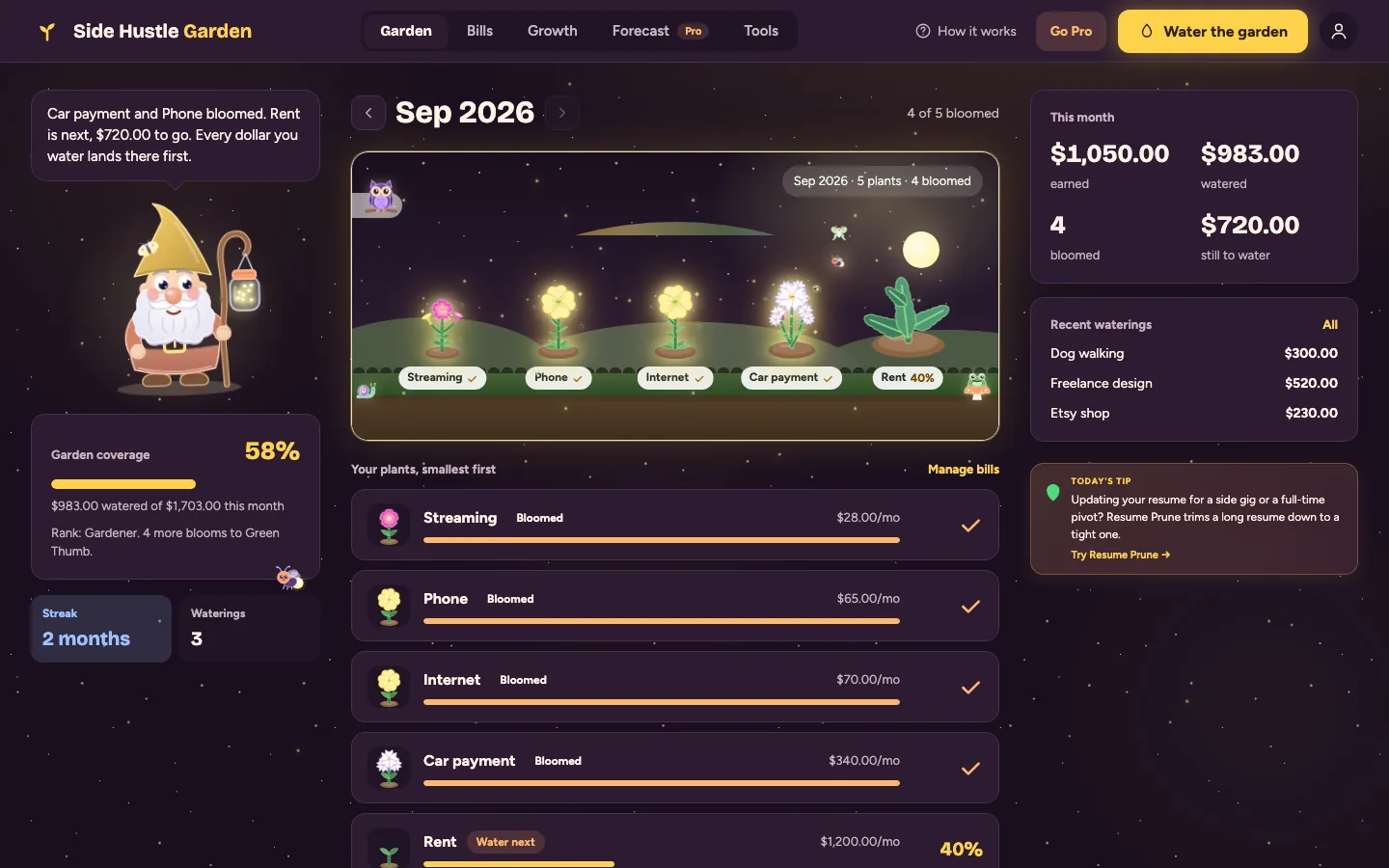 The garden at night: the lantern gnome on the left, five bills growing as glowing night flowers under a starry sky with an owl, snail and toad, a 58% coverage bar, and this month's totals on the right