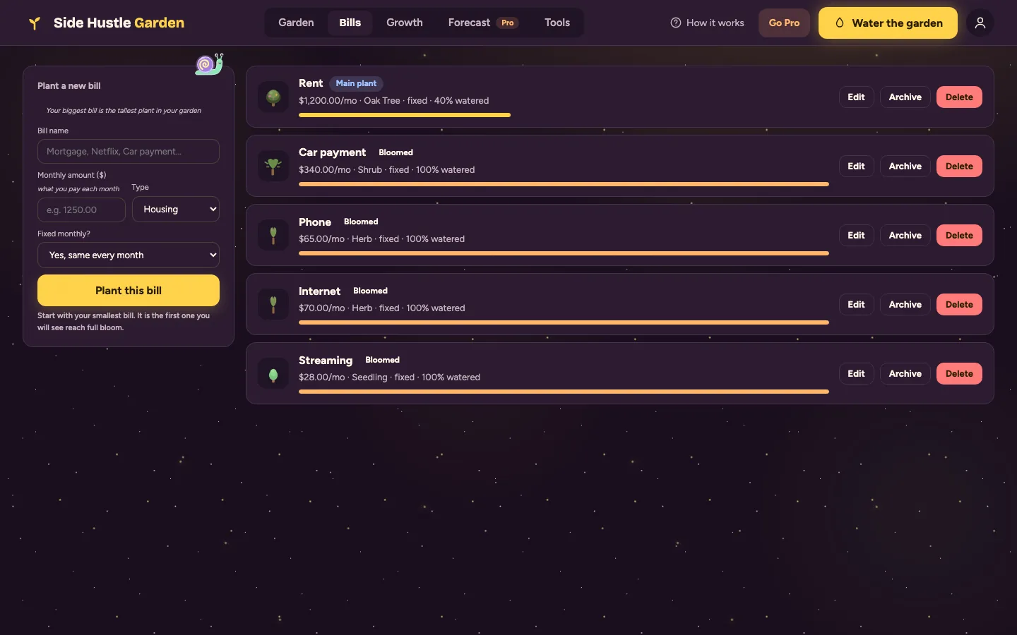 The Bills tab: the plant a new bill form with name, monthly amount, type and the fixed monthly choice on the left, and five planted bills with their watered bars on the right